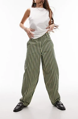 Topshop Stripe High Waist Wide Leg Cotton Pants Khaki at Nordstrom, Us