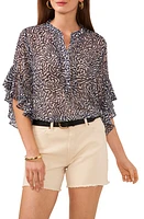 Vince Camuto Abstract Floral Ruffle Sleeve Top Classic Navy at Nordstrom,