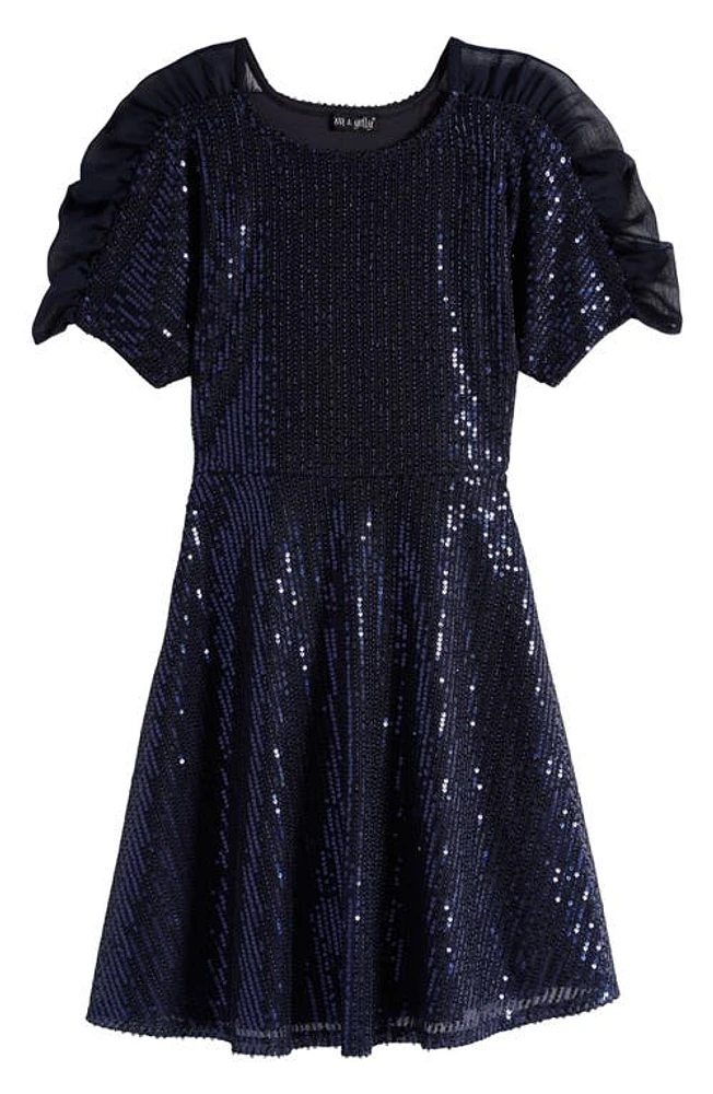 Ava & Yelly Kids' Sequin Flutter Sleeve Skater Dress Navy at Nordstrom,