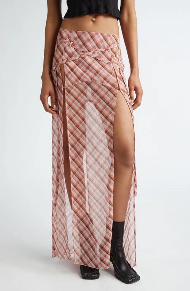 Knwls Plaid Strap Detail Sheer Maxi Skirt Moto Check Pink at Nordstrom, Us