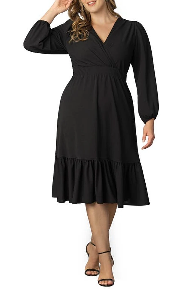 Kiyonna Portia Long Sleeve Midi Faux Wrap Cocktail Dress in Black Noir at Nordstrom, Size 0X