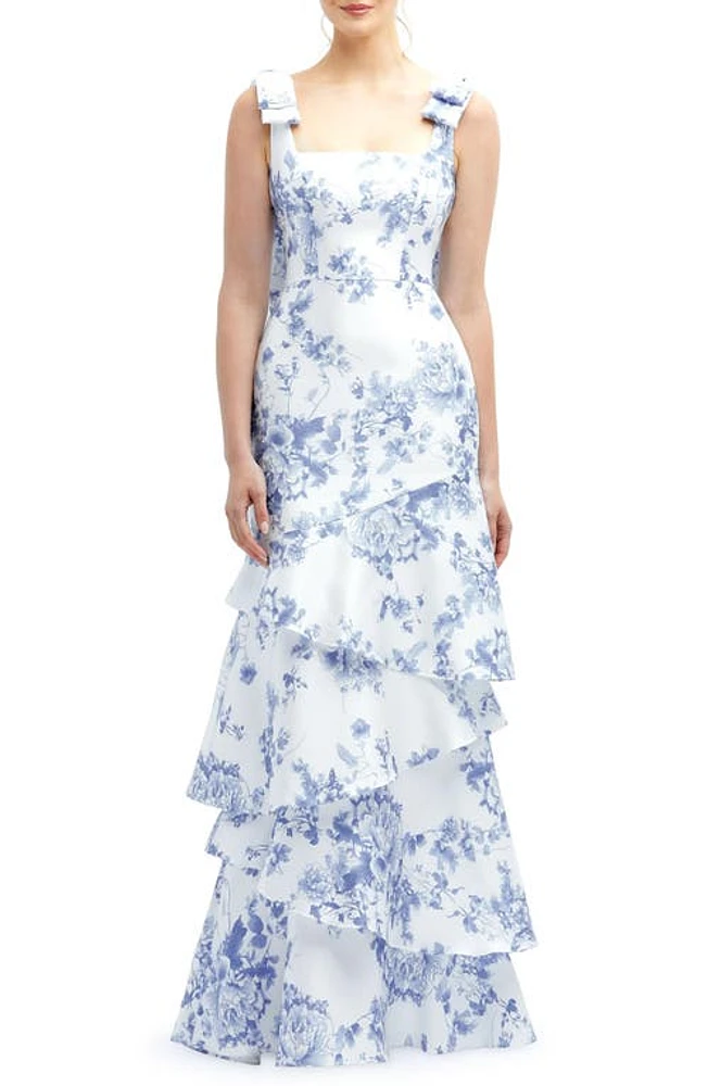 Dessy Collection Floral Print Ruffle Tie Strap Gown Cottage Rose-Larkspur at Nordstrom,