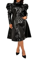 BUXOM COUTURE Puff Shoulder Long Sleeve Belted Faux Leather Shirtdress Black at Nordstrom, X