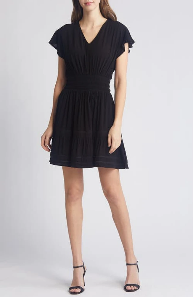 Rachel Parcell Shirred Waist Flutter Sleeve Minidress Black at Nordstrom,