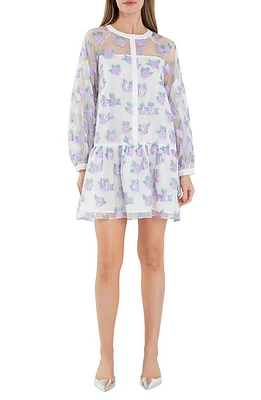 English Factory Floral Button Front Long Sleeve Organza Minidress Lilac at Nordstrom,