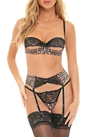 Oh La Cheri Jolene Leopard Print Underwire Bra, Thong & Garter Belt Set Leopard/Black at Nordstrom,