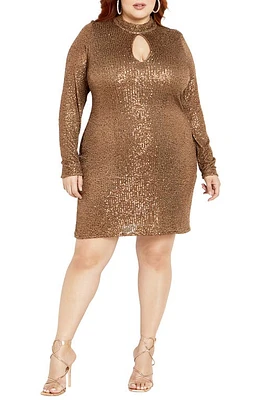 City Chic Glowing Sequin Long Sleeve Sweater Dress Bronze at