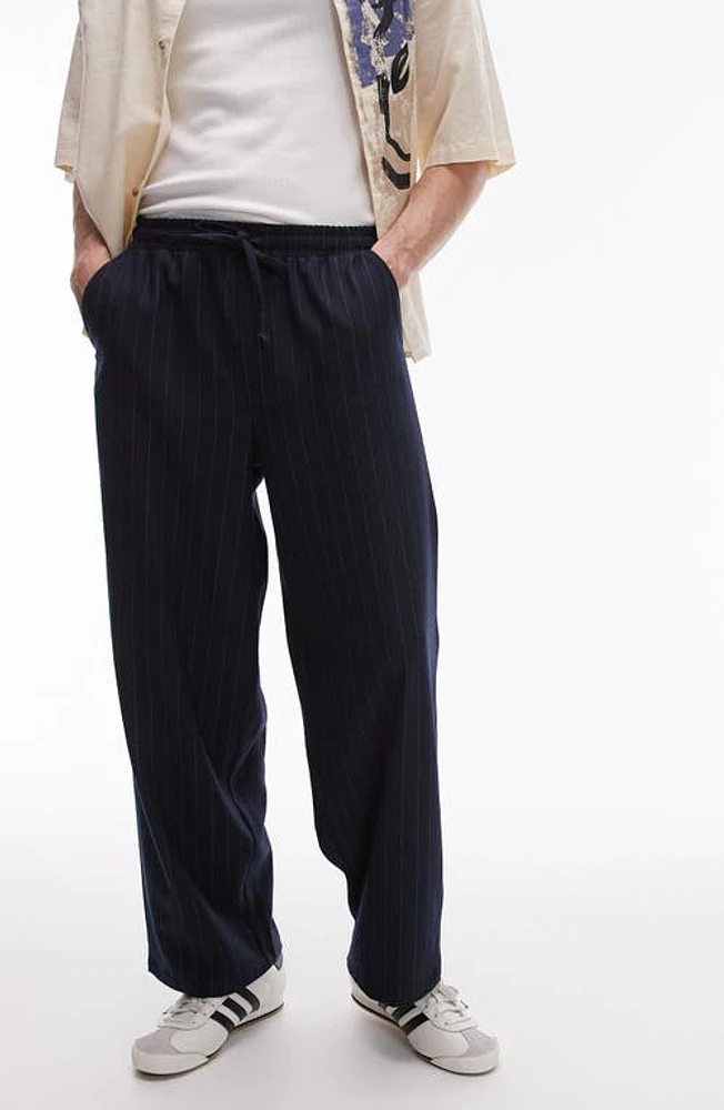 Topman Pinstripe Wide Leg Drawstring Pants Navy at Nordstrom, 32 X