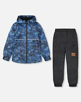 Deux Par Deux Little Boy's Two Piece Hooded Coat And Pant Mid-Season Set Blue Printed Bike And Black at Nordstrom