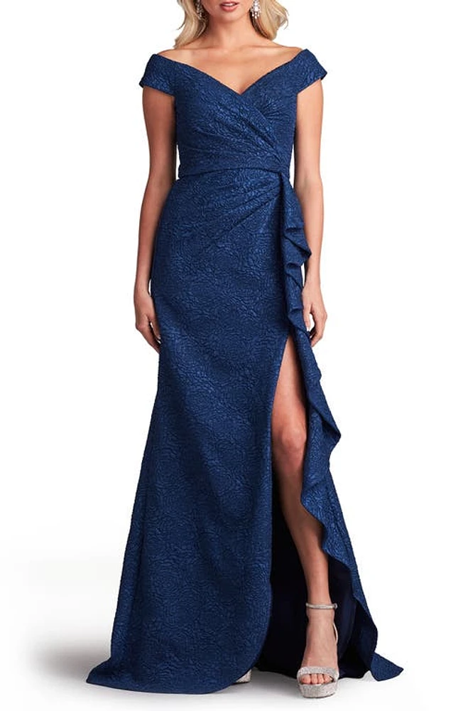 Tadashi Shoji Ruffle Slit Off-the-Shoulder Gown Midnight at Nordstrom,