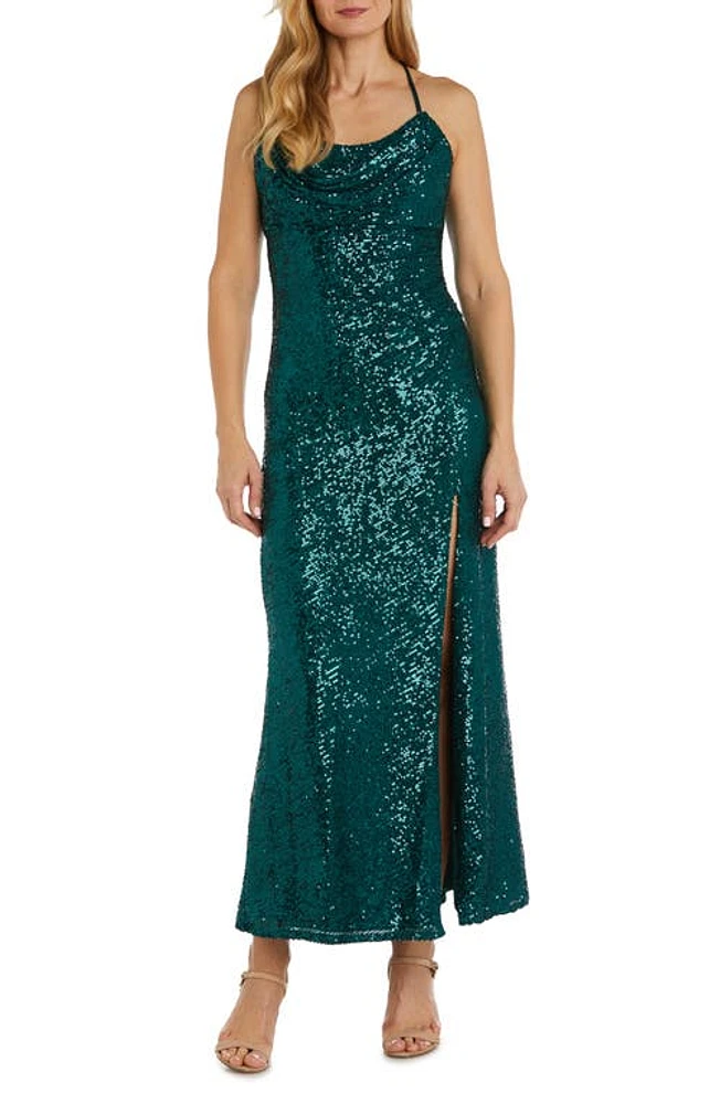 Morgan & Co. Cowl Neck Sequin Crossback Body-Con Gown at Nordstrom,