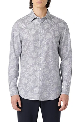 Bugatchi Julian Stripe Leaf Print Stretch Button-Up Shirt Navy at Nordstrom,