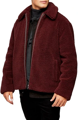 Topman Slim Fit Faux Shearling Teddy Coat in Burgundy at Nordstrom, Size Large