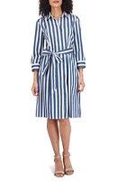 Foxcroft Fiona Stripe Tie Waist Shirtdress Navy/Khaki at Nordstrom,