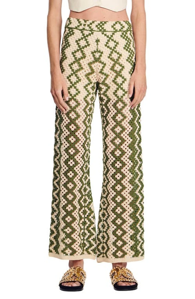 sandro Henrik Open Stitch Straight Leg Pants Ecru /Olive Green at Nordstrom,