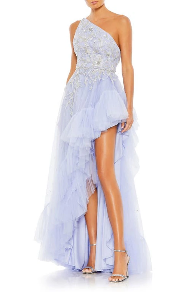 Mac Duggal Beaded One-Shoulder High-Low Tulle Gown Periwinkle at Nordstrom,