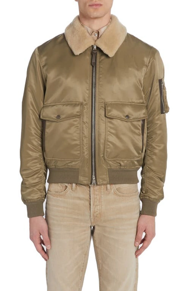 TOM FORD Nylon Twill Flight Jacket with Genuine Shearling Collar Khaki at Nordstrom, Us