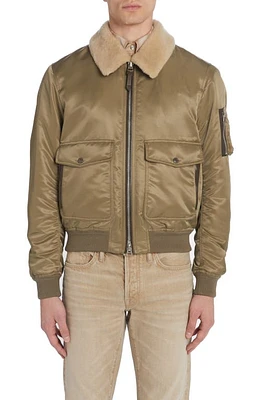 TOM FORD Nylon Twill Flight Jacket with Genuine Shearling Collar Khaki at Nordstrom, Us