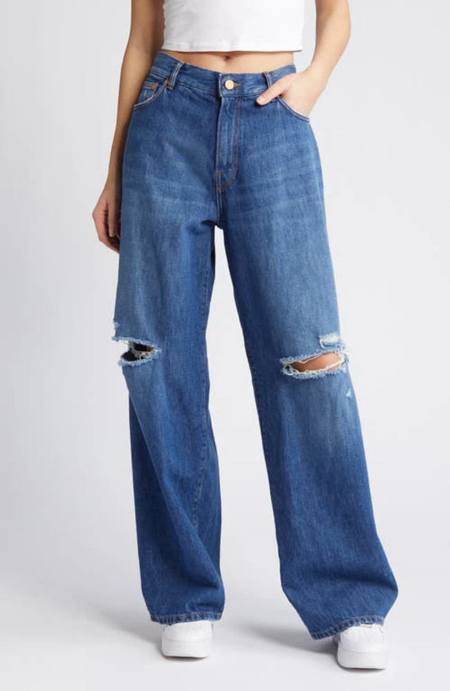 PURPLE BRAND Ripped Baggy Wide Leg Jeans Mid Indigo at Nordstrom,