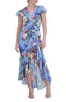 Eliza J Floral Double Flutter Sleeve High-Low Dress Blue at Nordstrom,