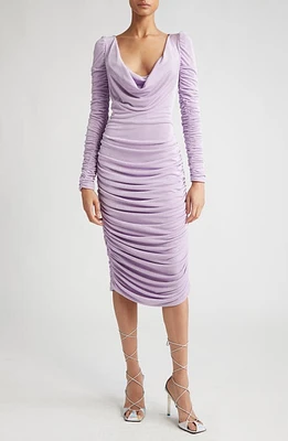 ALIETTE Ruched Long Sleeve Cowl Neck Midi Dress Lilac at Nordstrom,