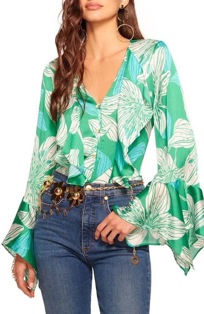 Ramy Brook Savanna Floral Trumpet Sleeve Shirt Sea Green Lily Print at Nordstrom,