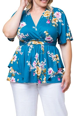 Kiyonna Encore Print Faux Wrap Top Teal Floral at Nordstrom,