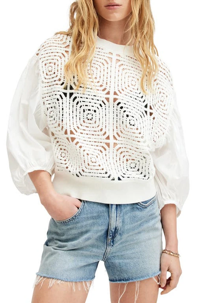 AllSaints Sol Mixed Media Lace Top Chalk White at Nordstrom,