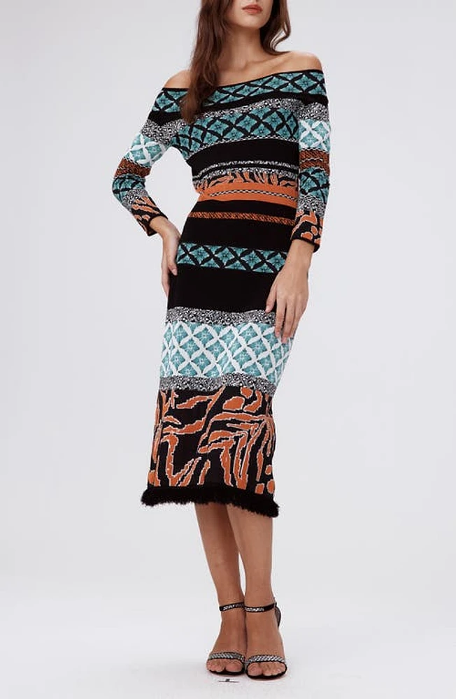 Diane von Furstenberg Ellanor Off the Shoulder Long Sleeve Dress Black Multicolor Retro Stripe at Nordstrom,