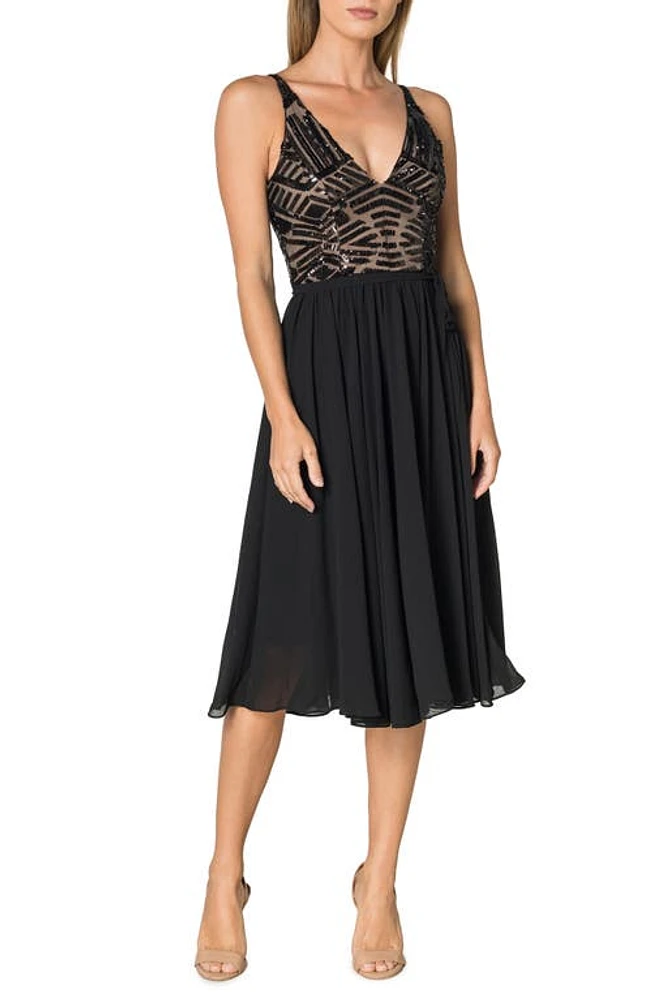 Dress the Population Alicia Fit & Flare Black/Beige at Nordstrom,