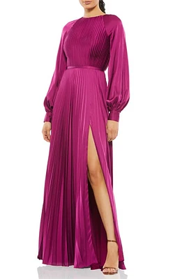 Ieena for Mac Duggal Pleated Long Sleeve Satin A-Line Gown at Nordstrom,