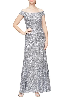 Alex Evenings Floral Embroidered Sequin Off the Shoulder Gown Silver at Nordstrom