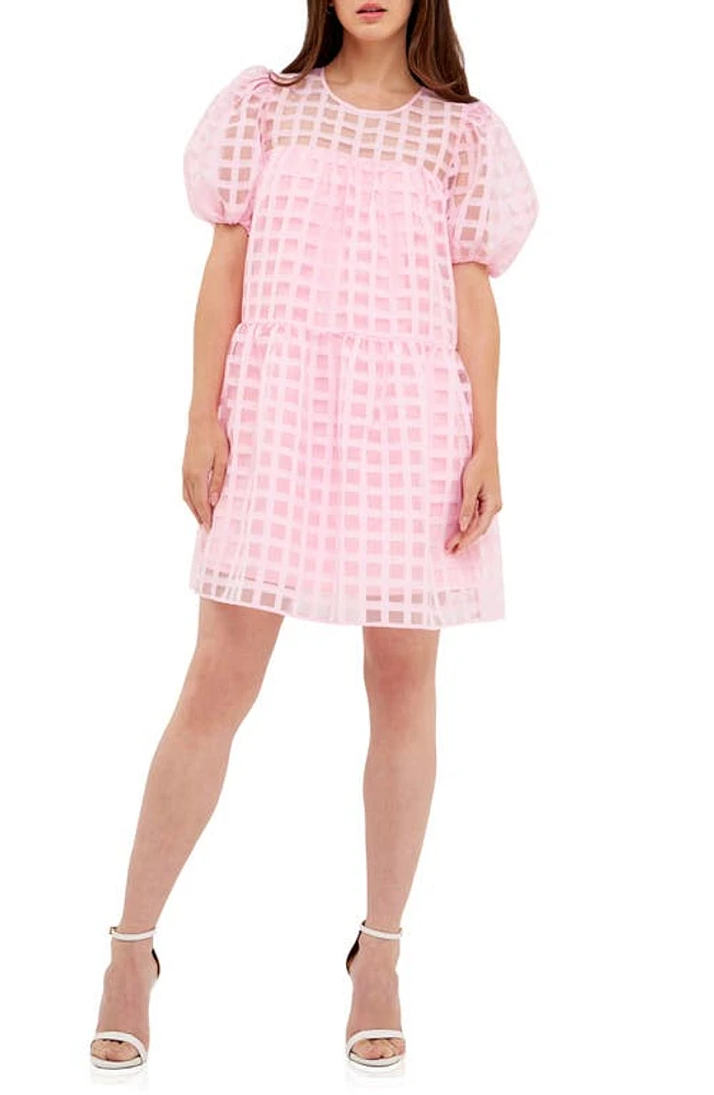 English Factory Gridded Puff Sleeve Dress at Nordstrom,