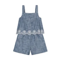 Hope & Henry Girls' Organic Faux Tank Scallop Edge Chambray Romper, Kids Embroidery at Nordstrom,