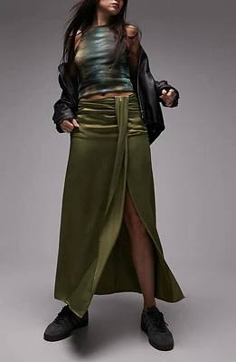 Topshop Ruched Front Vent Satin Maxi Skirt Light Green at Nordstrom, Us