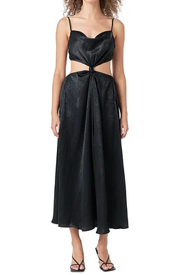 Endless Rose Front Twist Satin Midi Dress Black at Nordstrom,