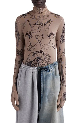 Balenciaga Tattoo Mock Neck Glove Sleeve Top Light Beige at Nordstrom,