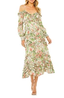 Mac Duggal Floral Print Ruffle Cold Shoulder Long Sleeve Midi Dress White Multi at Nordstrom,