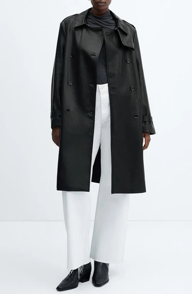 MANGO Polanapu Faux Leather Trench Coat Black at Nordstrom,