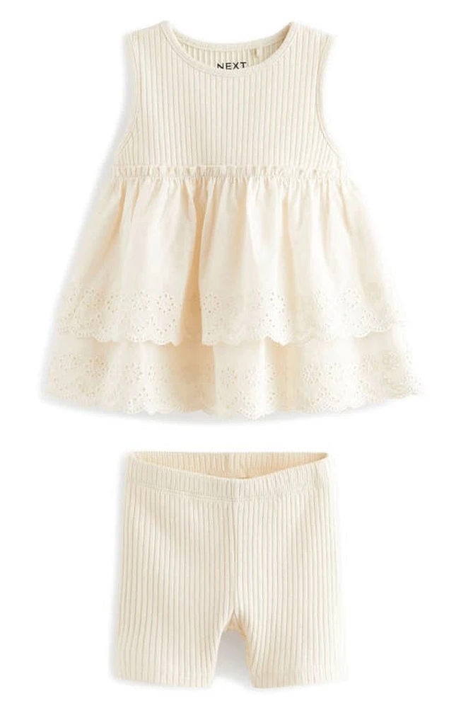 NEXT Kids' Eyelet Accent Sleeveless Cotton Top & Bike Shorts Set in Natural at Nordstrom, Size 6-7Y