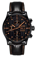 MIDO Multifort Automatic Chronograph Leather Strap Watch, 44mm in Black/Orange at Nordstrom