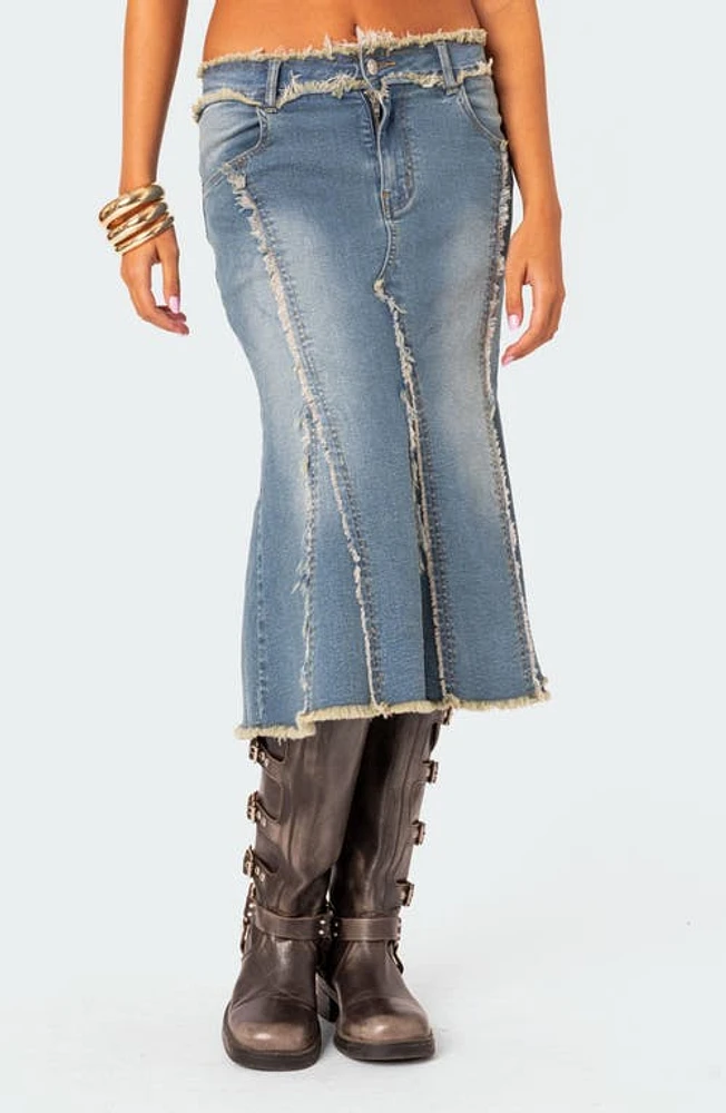 EDIKTED Arabella Distressed Denim Midi Skirt Blue-Washed at Nordstrom,