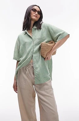 Topshop Stripe Oversize Short Sleeve Button-Up Shirt Green at Nordstrom,