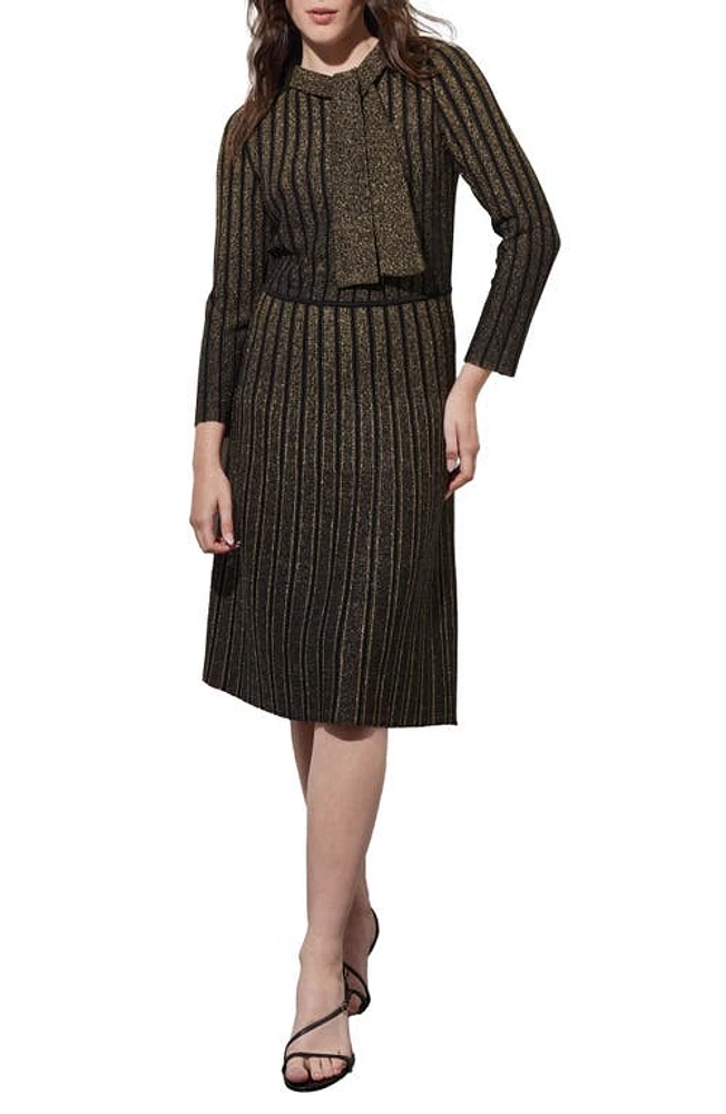 Ming Wang Shimmer Stripe Tie Neck Metallic Sweater Dress Black/Gold at Nordstrom,