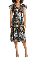 Sam Edelman Floral Embroidered Flutter Sleeve Dress Brown Multi at Nordstrom,