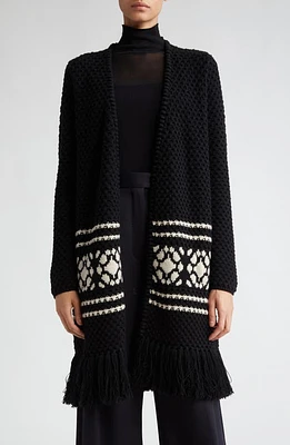 Max Mara Orione Longline Tie Waist Fringe Trim Wool & Cashmere Cardigan Black at Nordstrom,