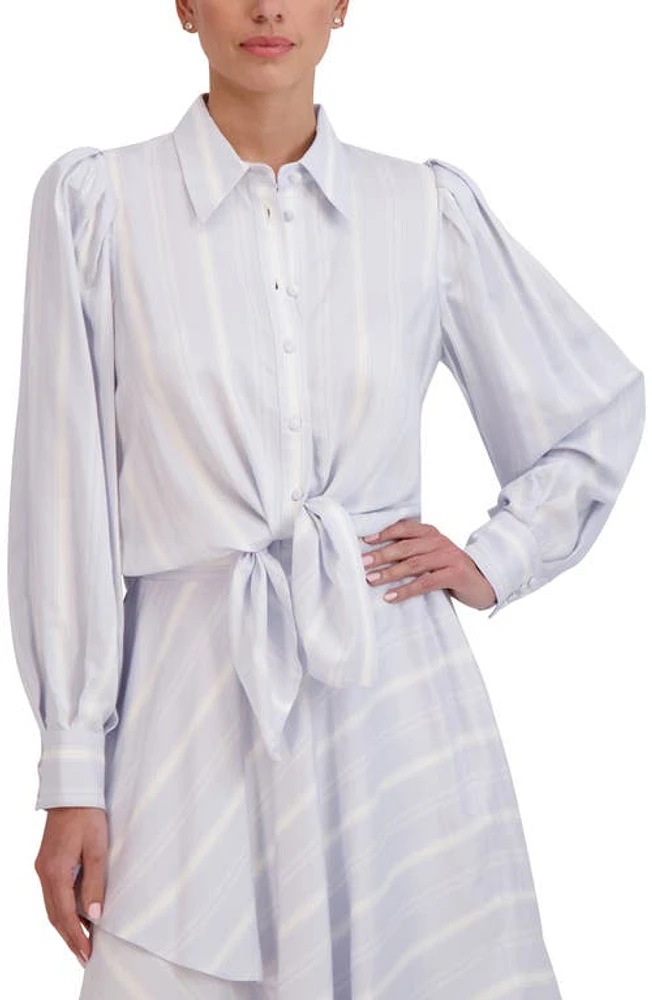 bcbg Puff Shoulder Tie Front Button-Up Shirt in Blue at Nordstrom, Size Small