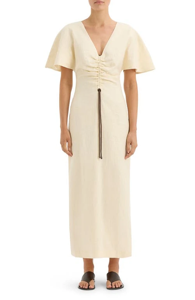 SIR Josefina Ruched Flutter Sleeve Linen Dress in Creme at Nordstrom, Size 0