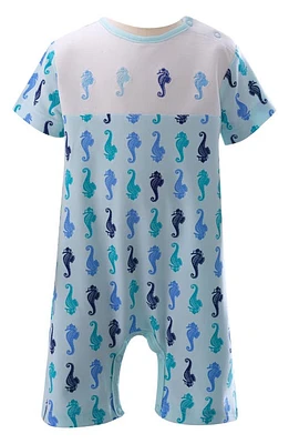 Rachel Riley Seahorse Print Embroidered Cotton Knit Romper Blue at Nordstrom, M