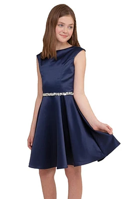 Un Deux Trois Kids' Cap Sleeve Satin Dress Navy at Nordstrom,